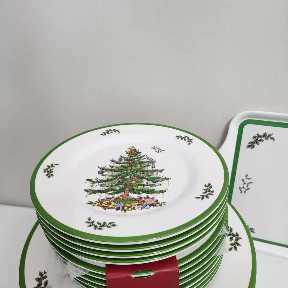 Spode Christmas Tree Melamine Dinner & Salad Plates Serving Tray Set of 12 New